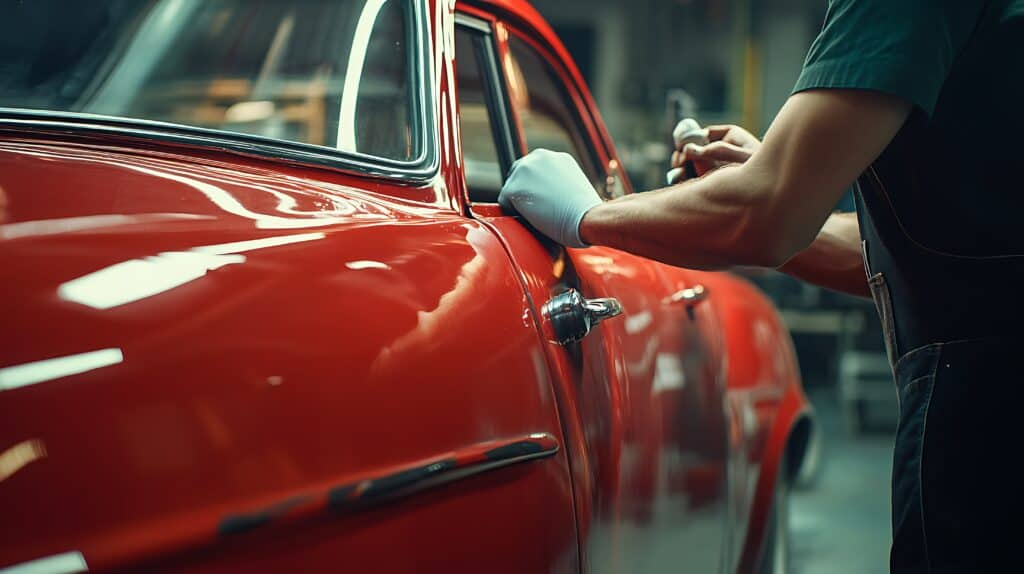 A mechanic applying filler to a dent on a car door in a workshop